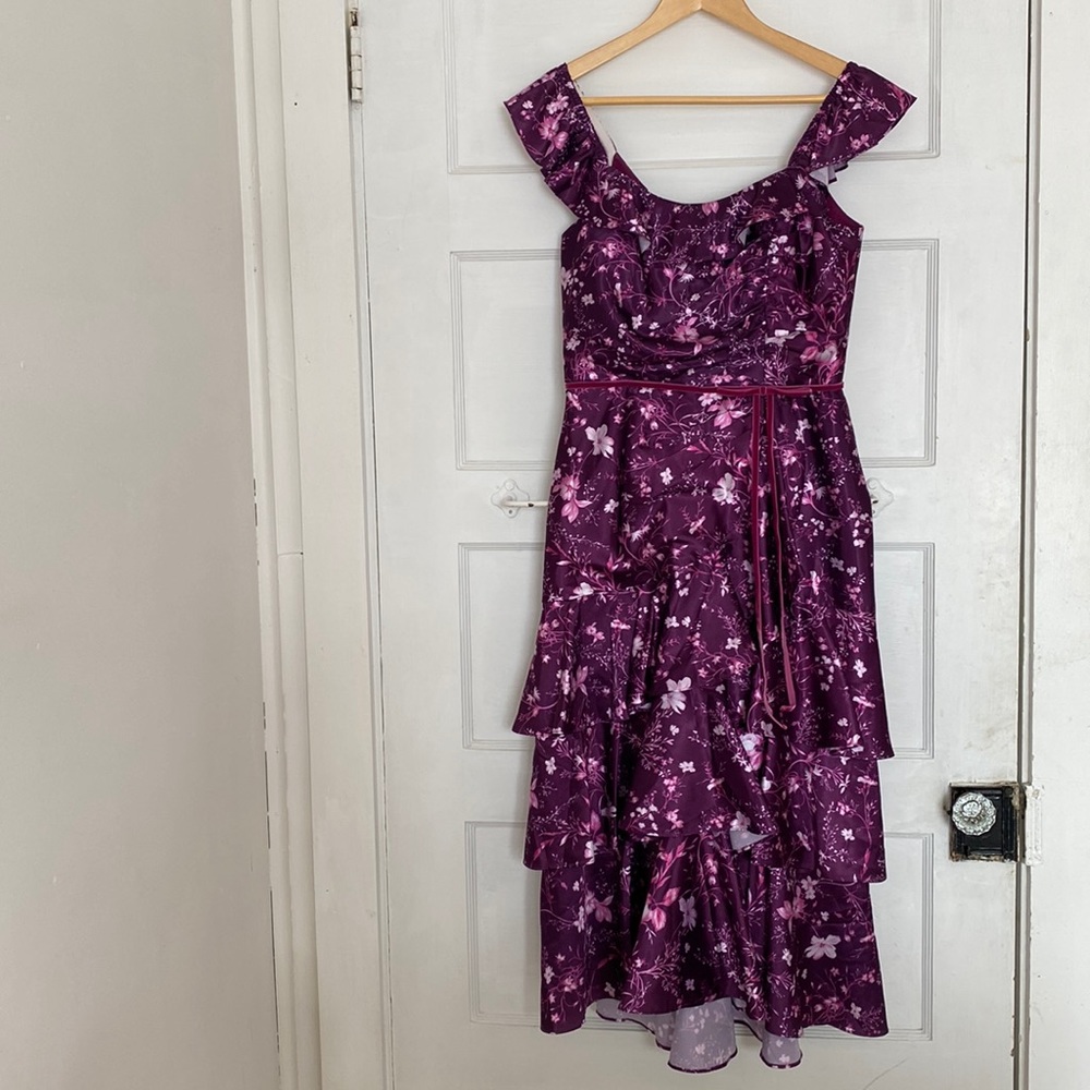 Marchesa Notte midi dress with tiered ruffles & butterfly sleeves.